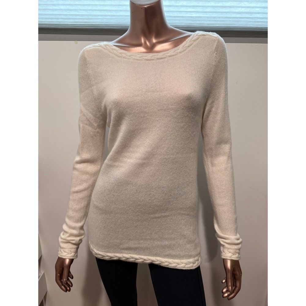 Kier + J Women Snow White 100% Cashmere Cable Knit Scoop Neck Sweater Prairie/M